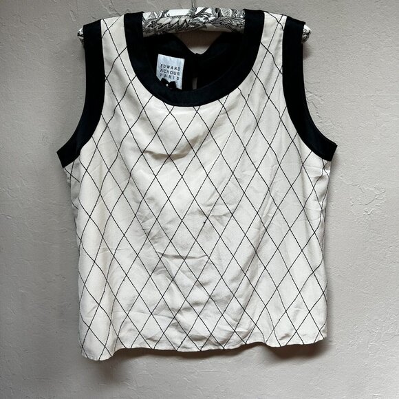 Edward Achour Paris Womens Sleeveless Silk Top Size 46 Cream/Black Diamond Print